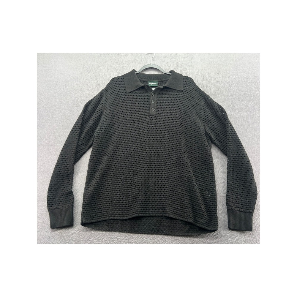 Mifland Sweater Mens M Black Knit Polo Open Weave Crochet Long Sleeve